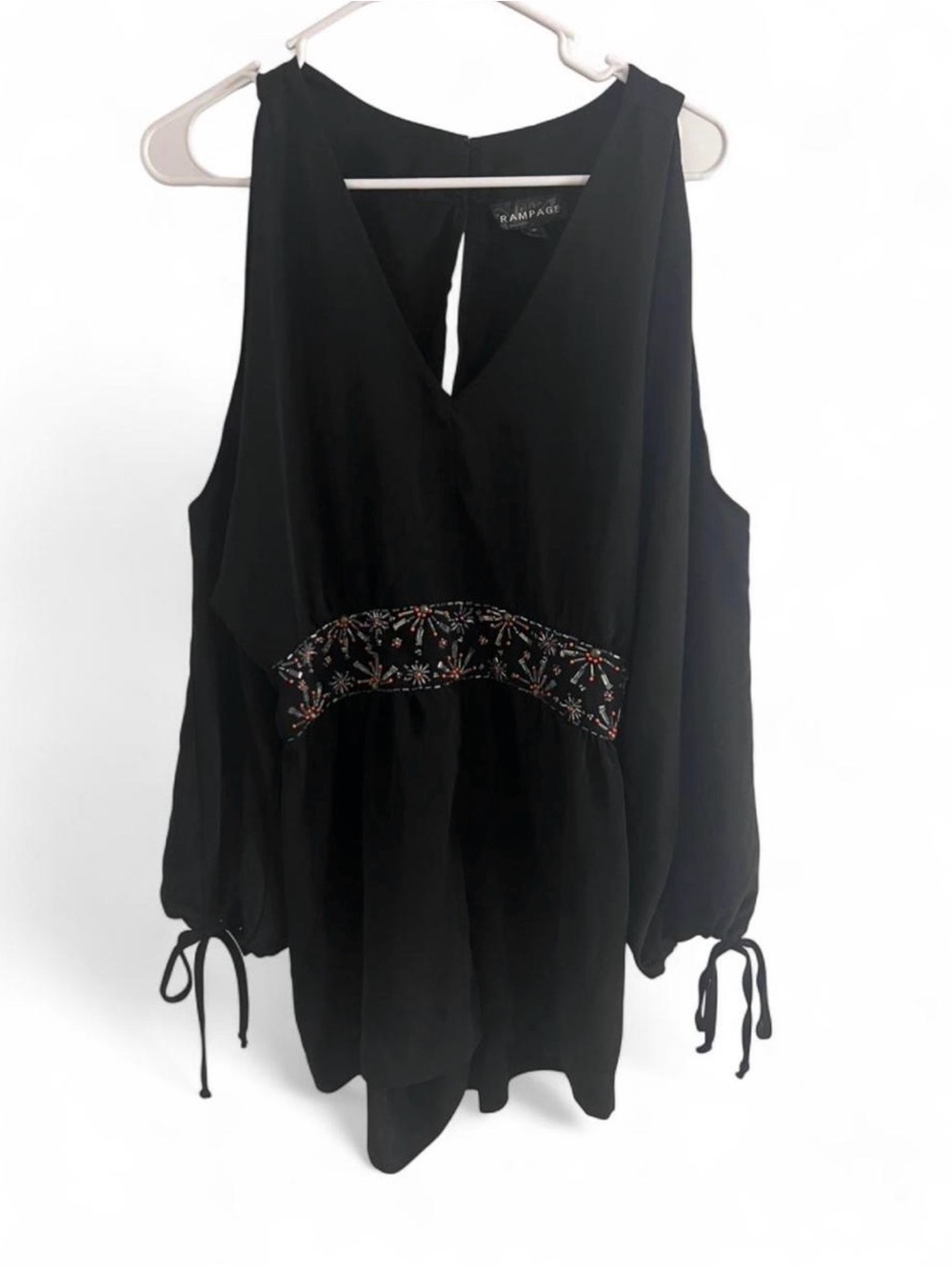 Rampage Black Cold-Shoulder Tunic with Embroidered Waistband